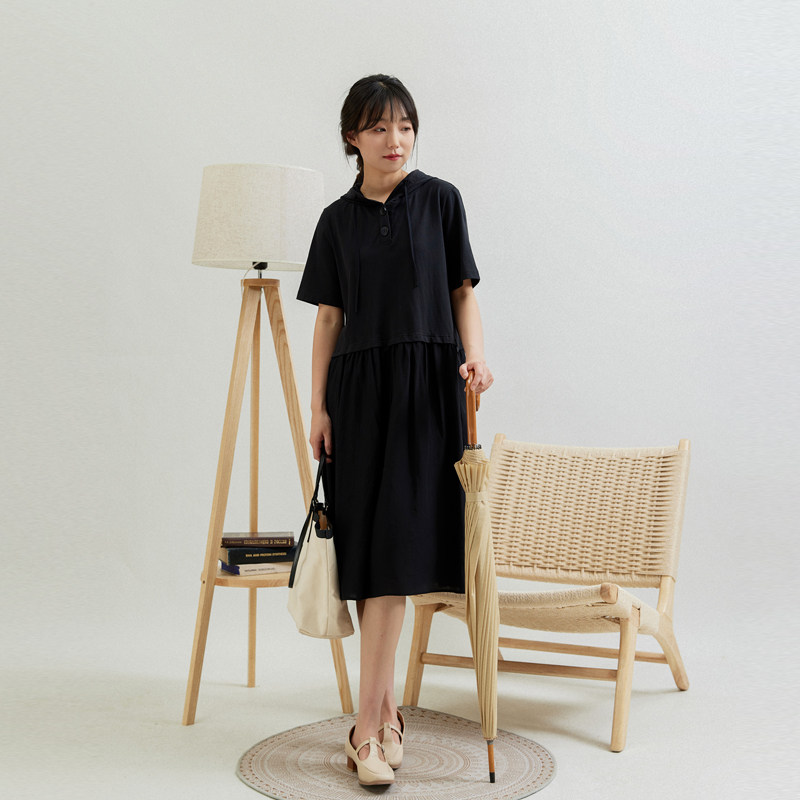 bbfer本依凡夏季女装时尚连帽短袖中长连衣裙纯色拼接裙teslq0426