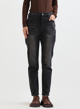 BBFER本依凡冬季女装黑色磨毛显瘦牛仔裤松紧后腰长裤子TSSNZ0122