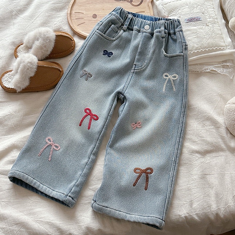 女童冬季奥粒暖暖绒百搭蝴蝶结牛仔裤2025新款童装加厚一体绒裤子