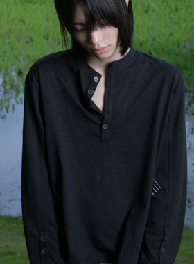 EchoForge丨竹节纹理亨利领条纹长袖做旧银扣刺绣秋冬短宽通勤