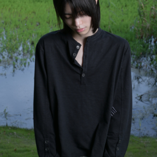 EchoForge 做旧银扣刺绣秋冬短宽通勤 竹节纹理亨利领条纹长袖