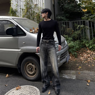 洗水弯刀男女同款 闪电爆裂纹牛仔裤 立体猫须 浊浪 EchoForge