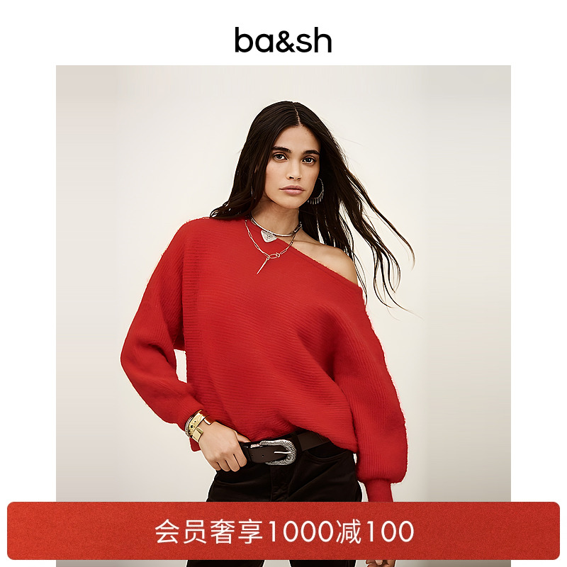 bash2025新款秋季法式露肩圣诞新年红色毛衣斜肩针织衫女1H25SUEL