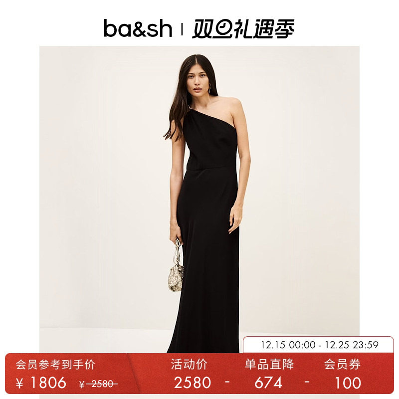 bash2025新款法式斜肩小黑裙连衣长裙跨年晚会派对礼服1E25FINN
