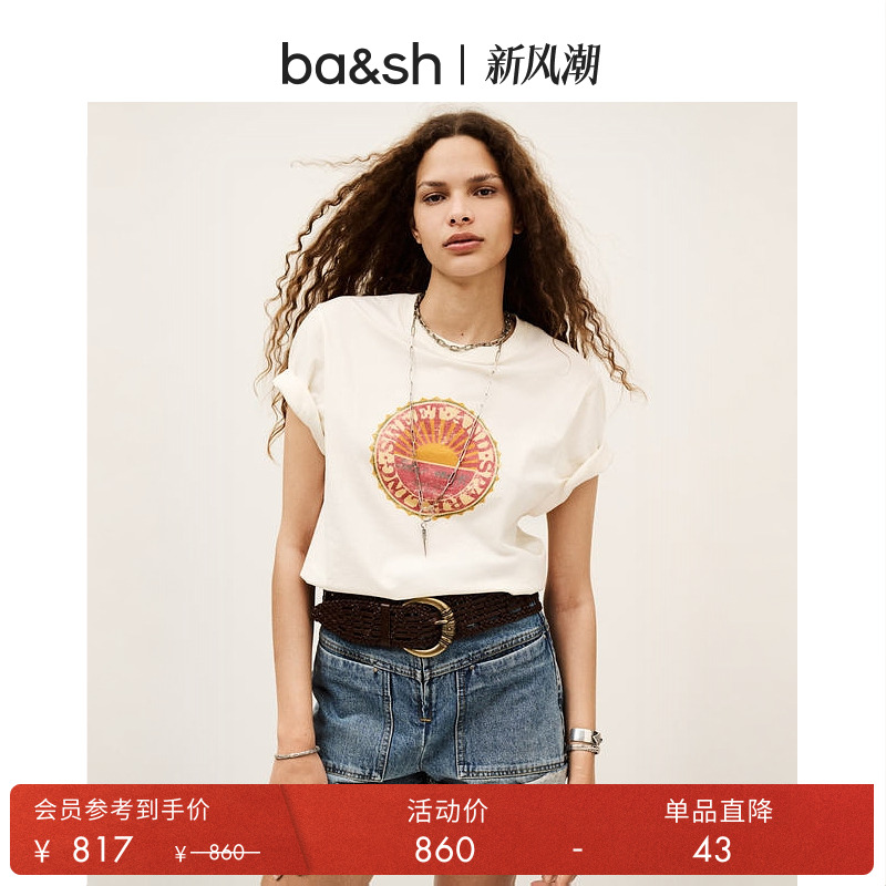 bash2025新款秋季法式复古休闲宽松印花棉质T恤短袖上衣1E25BARE