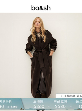 bash春季显瘦经典法式复古棕色毛呢外套直筒系带大衣外套1H25KAY
