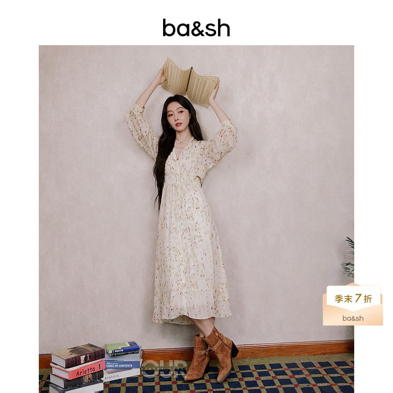 bash夏季柔影星点法式度假风V领印花长裙女士长袖连衣裙1H25KARL - 实物图