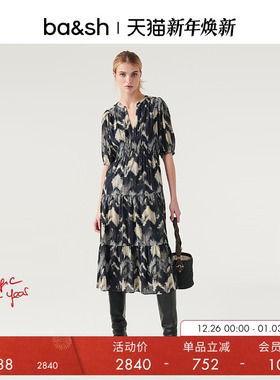 bash春季法式V领多巴胺霓虹幻彩油画度假风碎花连衣裙1H23ANIS