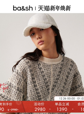 bash冬季法式印花套头长袖蝙蝠袖提花宽松针织衫女士上衣1E23CARI