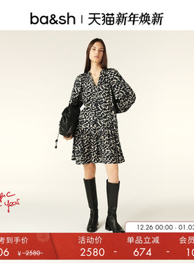 bash春季梦幻豹彩法式度假风七分袖女装裙子连衣裙茶歇裙1H24AISH