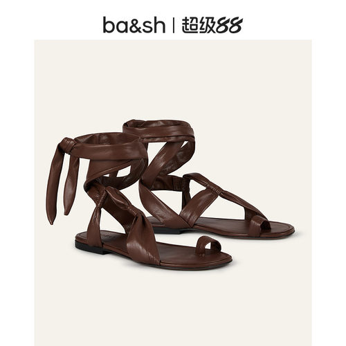 bash2026新款海岛度假风女款棕色绑带式夹趾平底度假凉鞋2E26LCOV