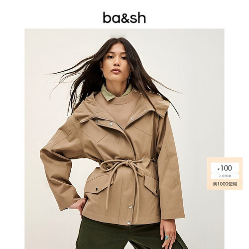 bash2026新款秋季复古驼色抽绳收腰连帽设计短款风衣外套1E26ILIO