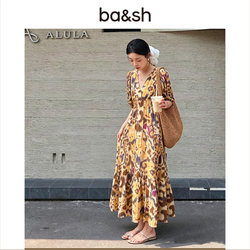 【季末7折】bash26新款夏费利切之夏复古印花黄色连衣裙1E26MADE