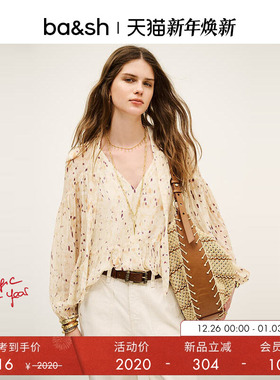 bash春季柔影星点飘带长袖衬衫法式V领碎花衬衣1H25KAMA