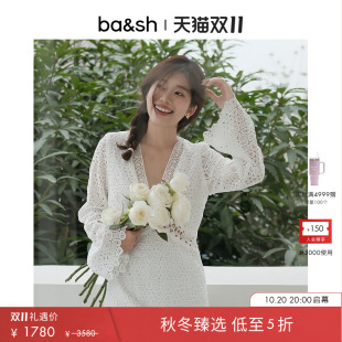 V领喇叭袖 优雅蕾丝镂空长袖 短裙连衣裙1E24GALI 白色法式 bash秋季