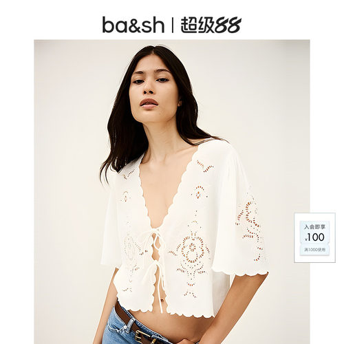 bash秋季波西米亚风镂空刺绣系带开衫法式慵懒感上衣衬衫1H25OLAY