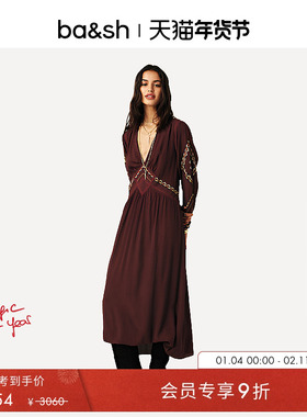 bash春季波西米亚风长袖收腰连衣裙法式中长裙1H25TANY