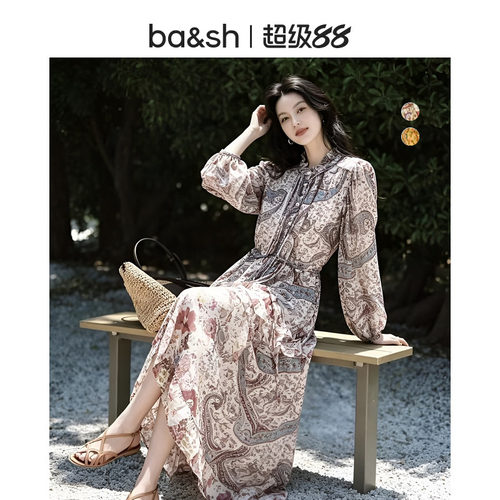 bash2026新款早秋波西米亚风印花长袖连衣裙宽松度假长裙1H26CIAH