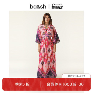 bash夏季 裙子1E24YIN 花舞漫步波西米亞風印花度假收腰連衣裙女裝