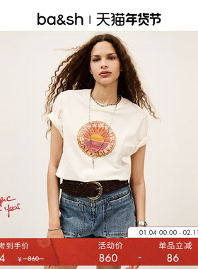 bash春季复古做旧印花法式休闲宽松棉质米白T恤短袖上衣1E25BARE
