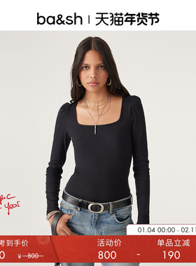 bash春季打底衫方领上衣别致褶皱袖正肩针织衫长袖T恤1H23OPRA
