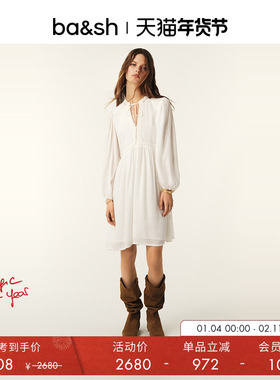 ba&sh春季简约优雅法式V领度假白色迷你泡泡袖连衣裙1E25PETU