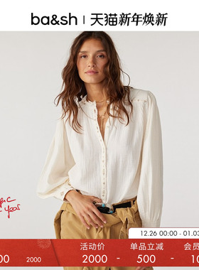 bash冬季简约通勤女士衬衣灯笼袖花边圆领刺绣上衣衬衫1E24CARA