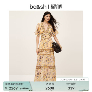 波西米亚风短袖 法式 bash春季 V领印花连衣裙1E25ALIA 2件8折