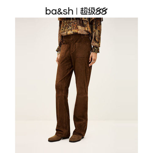 bash夏季法式复古棕色灯芯绒窄版修身直筒裤女款休闲长裤1H25MOSS