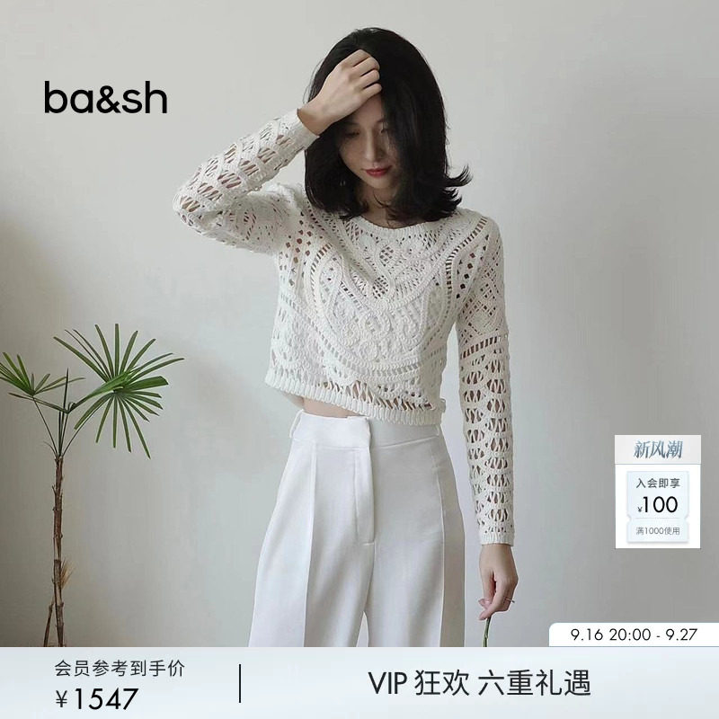 bash秋季法式优雅纹理慵懒感镂空钩花休闲长袖毛衣针织衫1E23MARC