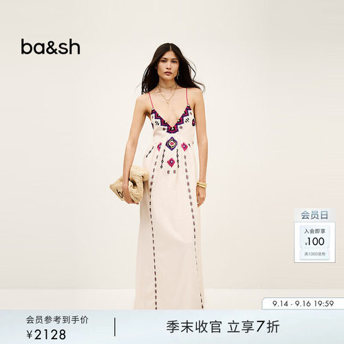bash夏季波西米亚度假风露背V领无袖连衣裙吊带连身长裙1E25POEM