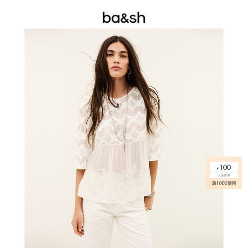 bash2026新款夏季波西米亚风米白几何刺绣透视圆领上衣女1E26APOL