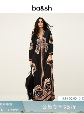 bash2026新款春季圣所花园度假风复古印花V领连衣裙长裙1E26VERA