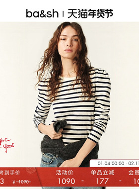 bash春季法式条纹泡泡肩休闲圆领长袖T恤上衣1E25SANG