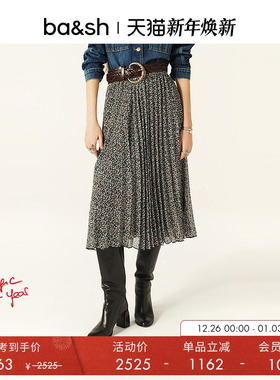 bash冬季银丝复古小印花裙子垂感法式迷笛百褶半身中长裙1H24KAMY