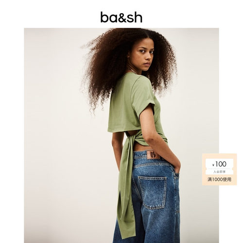 bash2026新款夏季法式休闲纯色系带短袖T恤圆领修身上衣1E26BLAN