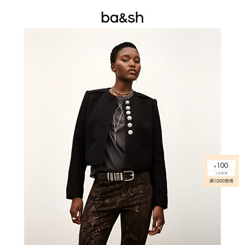 bash秋季法式复古小香风金属扣花呢短款夹克羊毛混纺外套1H25POLI