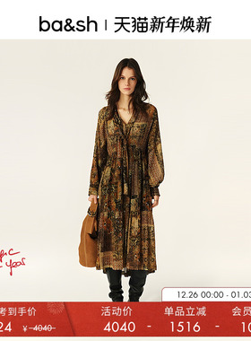 【季末6折起】bash春季绮梦鎏金复古印花连衣裙1H25PIER