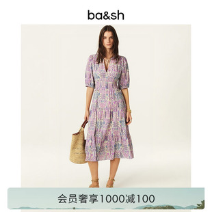 bash春季 法式 莫奈花园薰衣草紫碎花中袖 度假连衣长裙1E25PANI 新款