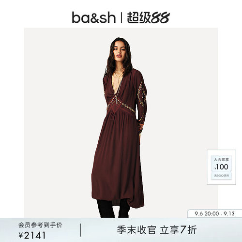 bash秋季波西米亚度假风刺绣长袖收腰连衣裙女法式中长裙1H25TANY
