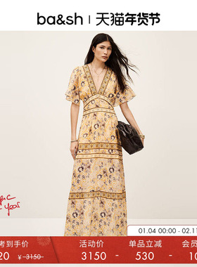 bash春季法式连衣裙女装裙子V领印花连身长裙1E25ALIA