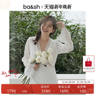 V领喇叭袖 优雅蕾丝镂空长袖 短裙连衣裙1E24GALI 白色法式 bash秋季