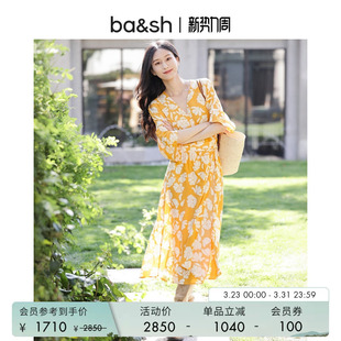 bash春季 度假茶歇复古黄色印花碎花连衣裙女1E25AGIA 蝶恋兰香法式