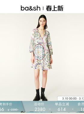 bash春季波西米亚度假风法式长袖V领印花气质连衣裙短裙1E24LORE