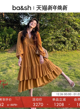 bash春季知性少女法式双层裙摆垂坠白色连衣裙1E25PLUM