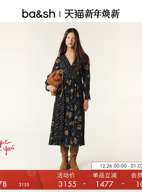 bash春季法式复古蒲公英印花V领中长裙子女士显瘦连衣裙1H24FINA