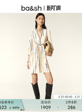 【2件8折】bash春季波西米亚风法式V领a字泡泡袖连衣裙1E24ISAB