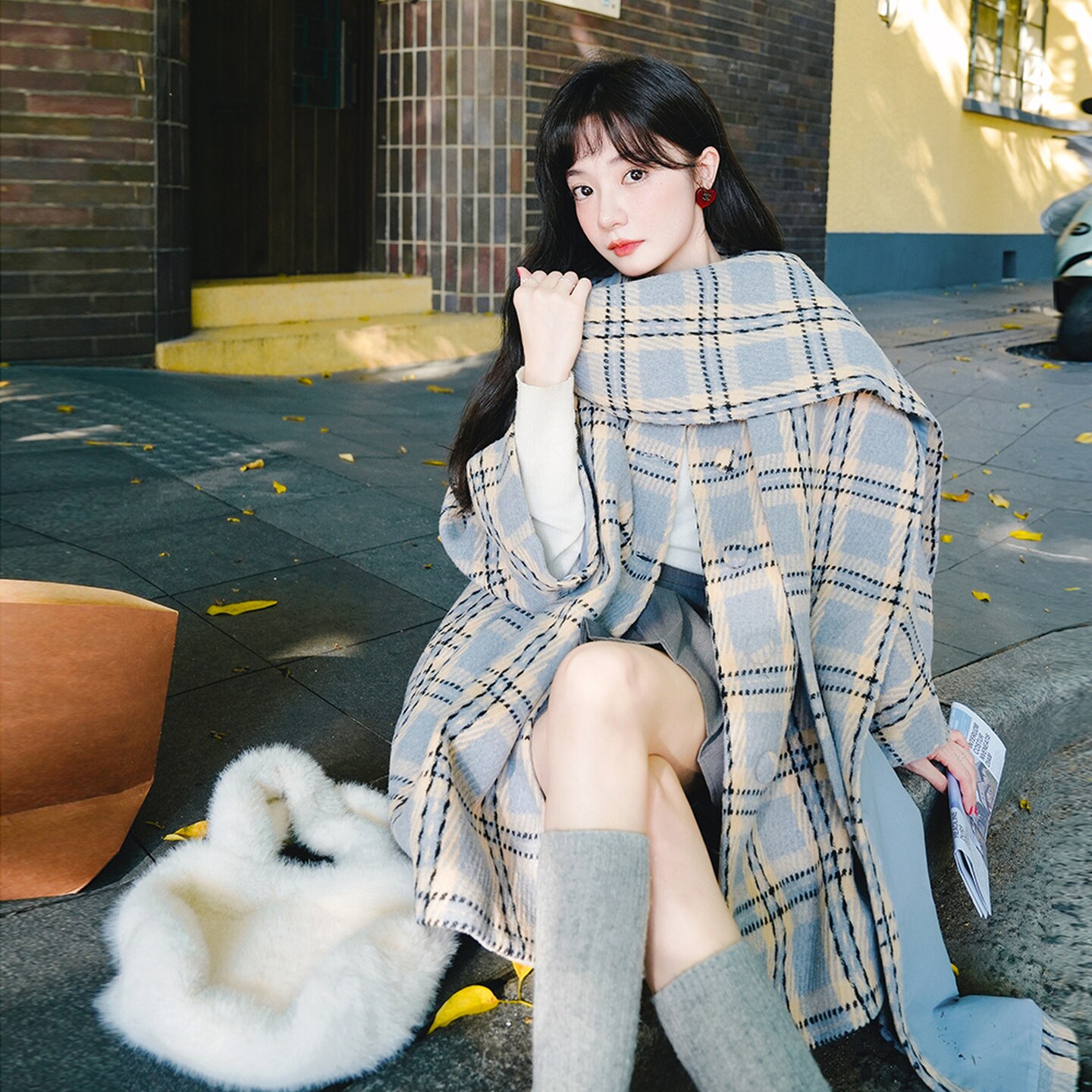 甜美气质灰蓝色格纹呢大衣外套女秋冬2025新款设计感小众流行爆款,女装毛呢外套,2C021