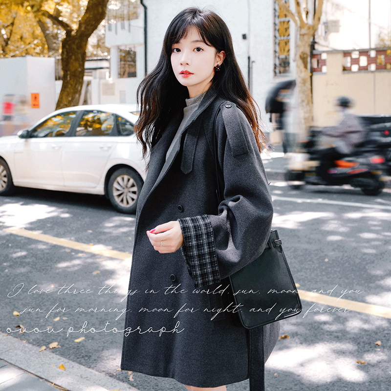 格纹拼接深灰色毛呢大衣外套女冬季2025新款收腰显瘦流行爆款大衣，女装毛呢外套，2C021
