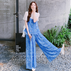 夏日ootd穿搭休闲套装女温柔系显瘦蕾丝T恤吊带阔腿裤三件套爆款图片